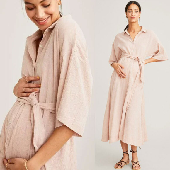 HATCH Maternity The Elsa Gaze Cotton Shirt Dress in Petal Pink Gingham Size M